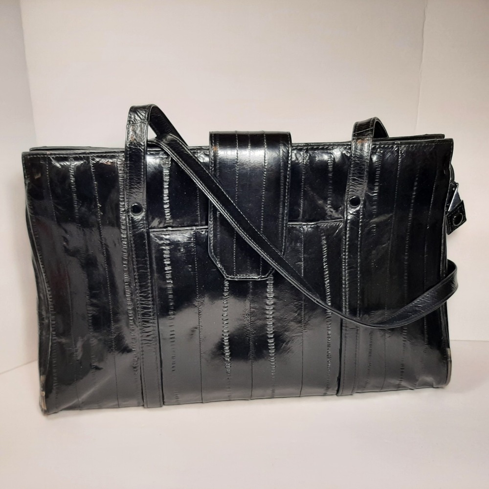 Vintage Nordstroms Genuine Eel Skin Black Purse Shoulder Bag Handbag 15" x 10"